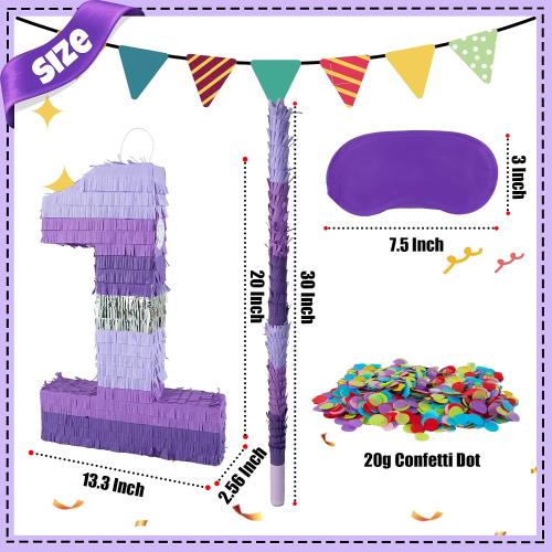 PCFING 20 Inch Number 1 Piñata Purple Silver with 30 Inch Piñata Stick Blindfold Confetti for Boy Girl Kids Birthday Party Decorations, Anniversary Celebration, Fiesta