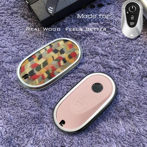 Compatible with Mercedes Benz Key case Key fob Cover Real Wood Veneer Genuine Leather Key Fob Shell Gift C GLC E S ect 2022-2023-newer (Beaufort Oak, White Leather)