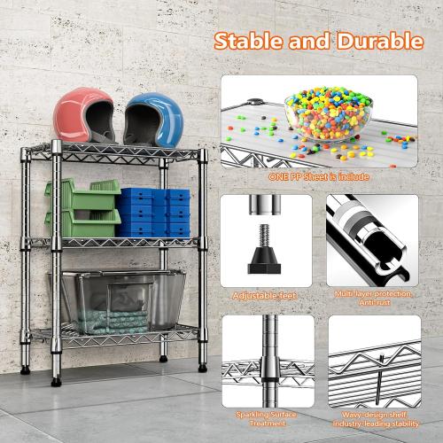 M MZG 750 lbs 3 Tier Shelf Metal Storage Shelves Wire Rack Closet Organizers with PP Board for Garage Kitchen Bathroom Laundry Chrome 11.8 D x 21.7 W x 28.6 H
