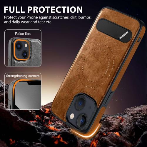 Magnetic for iPhone 14 Leather Case, for iPhone 13 Phone Case, Built-in Stand, Compatible with MagSafe, Silicone Strap, TPU Interior Protective, Shockproof Slim Cover (Brown)