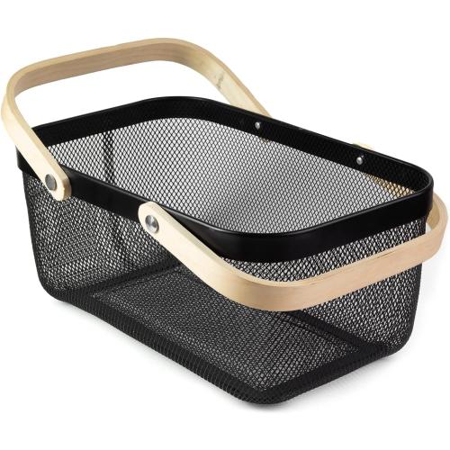 Portable Garden Harvest Basket-Mesh Design Natural Bamboo Handle Wire Storage Baskets,Mesh Basket with Handle Organize Items Reduce Space Occupation,Suitable for Kitchen,Garden,Picnic(Black)