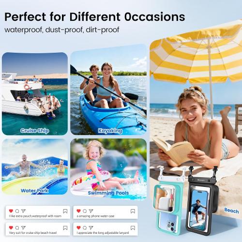 Niveaya Large Waterproof Phone Pouch, Up to 8.5, 2 Pack-Black & Green