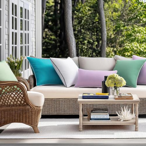 Phantoscope Pack of 4 Outdoor Waterproof Throw Pillow Covers with Contrast Piping, Decorative Square Cushion Case Patio Pillows for Couch Tent Sunbrella, Pure White 12x20 inches