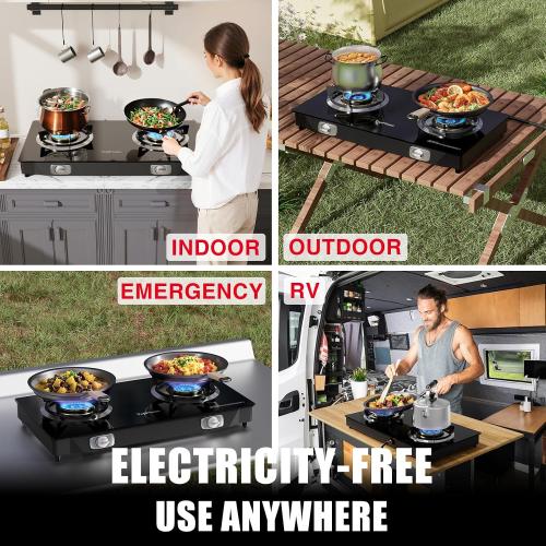 2 Burner Propane Stove 27,200 BTU High-Efficiency Tempered Glass Auto-Ignition Gas Burner Stove Top with CSA Hose for Outdoor RV Camping Emergency Cooking