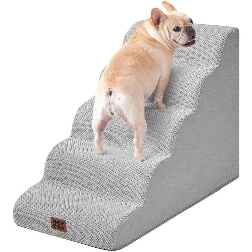 EHEYCIGA Curved Dog Stairs Ramp for High Beds, 5-Step Extra Wide Dog Steps for Small Dogs and Cats, Pet Stairs for High Bed Climbing, Non-Slip Balanced Pet Step Indoor, Light Grey
