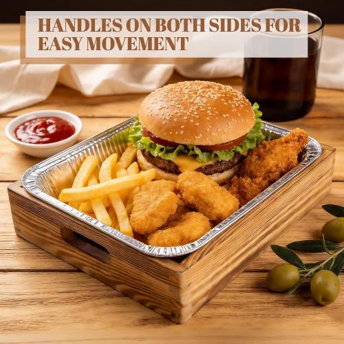 Tnstbiee 3-Pack Wooden Holders for 9x13 Foil Pans - Includes 3 Disposable Aluminum Foil Pans - Rustic Handcrafted Food Carrier - Perfect for Parties, Catering & Home Kitchen - Foil Tray Display Stand‼️ 3 wooden trays & 3 foil plans included (1 foil pan bent on edge) ‼️