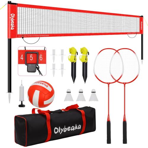 RED AND BLACK 20ft Outdoor Volleyball & Badminton Combo Net Set for Backyard Beach with Adjustable Poles, Durable Anti-Sag Net, PU Volleyball, 2 Aluminum Rackets