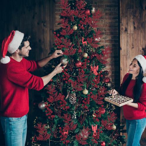 75 Pcs Christmas Glitter Branches 3 Styles Artificial Christmas Picks Berries Stems Pine Needles Floral Twig Spray for Xmas Tree Ornaments DIY Wreath Garland(Burgundy)