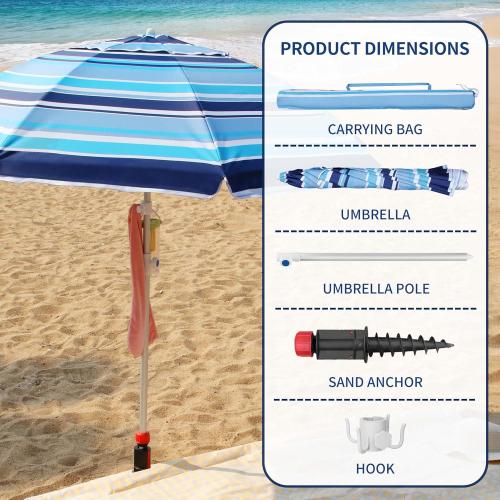 7ft Heavy Duty High Wind Beach Umbrella Parasols with sand anchor & Tilt Sun Shelter, UV 50  Protection Outdoor Sunshade Umbrellas Carry Bag for Patio Garden Pool Backyard Stripe Blue insert completely into the sand