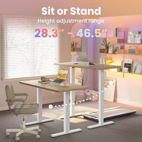 HUANUO 32x19 Inch Small Electric Standing Desk, Adjustable, Light Walnut | 176 Lbs Capacity, Rounded Corners, Wheel-Ready Feet, Compact Desktop, Apartment Workspace, 28.3–46.5 Inch Height Range
