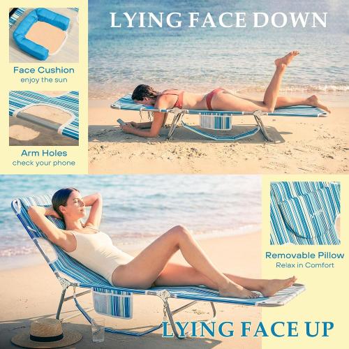 Beach Lounge Chair, Outdoor Chaise Lounger with Face Hole, 5-Position Reclining Beach Chair Face Down Tanning Chair with Carry Strap,Side Pocket, Portable Camping Cot for Patio,Poolside