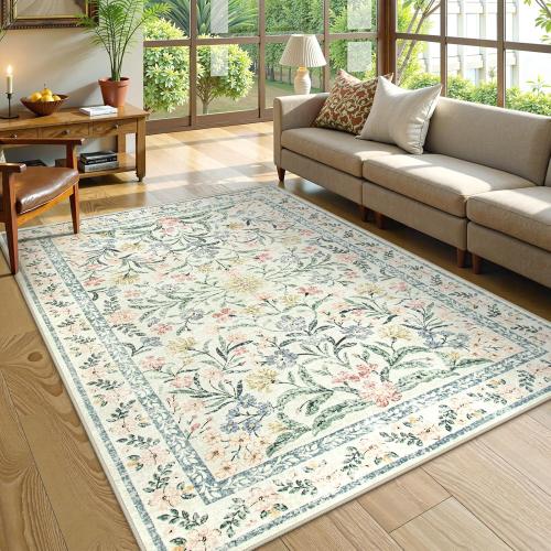 Morebes Floral Machine Washable Area Rugs 10x14 Vintage Boho Nursery Rug Girl Non-Slip, Flower Indoor Floor Throw Carpet for Living Room Bedroom Kitchen Playroom Home, White/Multi