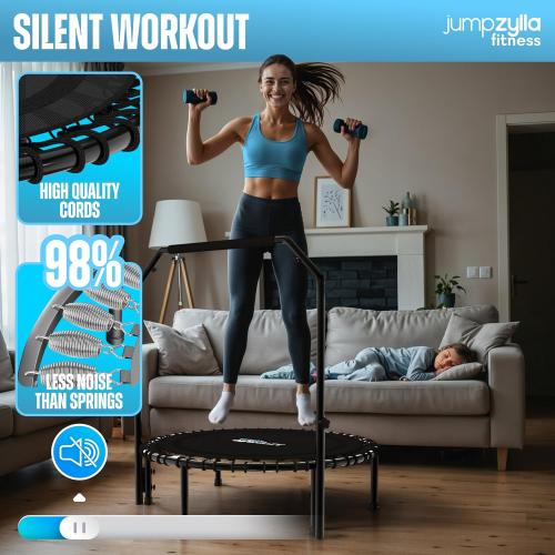 Jumpzylla Fitness Trampoline 40 or 48 | Foldable Mini Rebounder Trampoline for Adults with Bar | Durable, Quiet, Low-Impact Exercise Equipment for Indoor and Home Workouts (550 LBS Capacity)