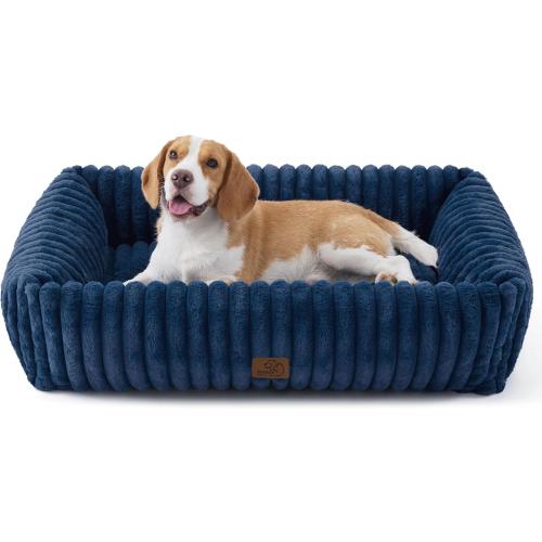 Bedsure ComfyFleece™ Cute Dog Beds Large Sized Dog - Washable Furry Pet Beds, Rectangle Orthopedic Corduroy Fleece Puppy Beds with Removable Zipper Cover,Night Blue