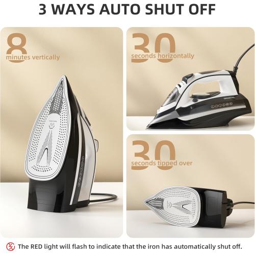 1700W Steam Iron for Clothes Rapid Heating, Stick Ceramic Soleplate, 3-Way Auto-Off, Burst of Steam, 14.07oz Water Tank Ironing Clothes for Home