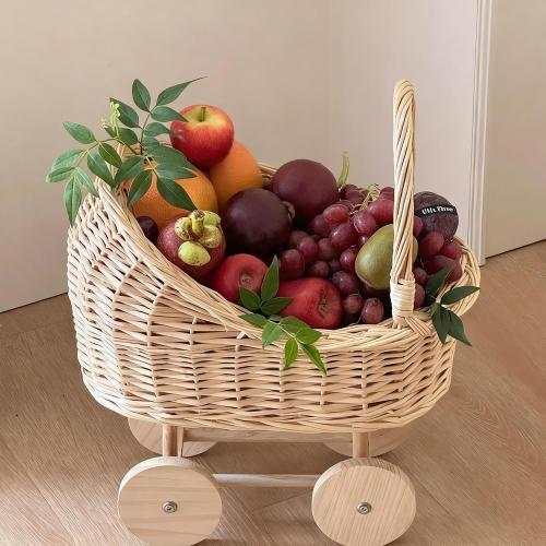 Woven Rattan Stroller Shaped Flower Basket, Vintage Wicker Baby Carriage Planter for Floral Arrangements, Baby Shower Wedding Party Decor Centerpieces for Tables, Floral Rustic Home Decor (Small)