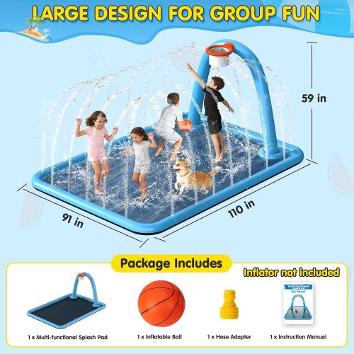 Instraella Splash Pad, 110x91'' 2-in-1 Large Sprinkler Mat with Basketball Hoop and Arch for Kids Outdoor Play, Shoot Game for Backyard, Inflatable Water Outdoor Toys More Fun for Boys and Girls