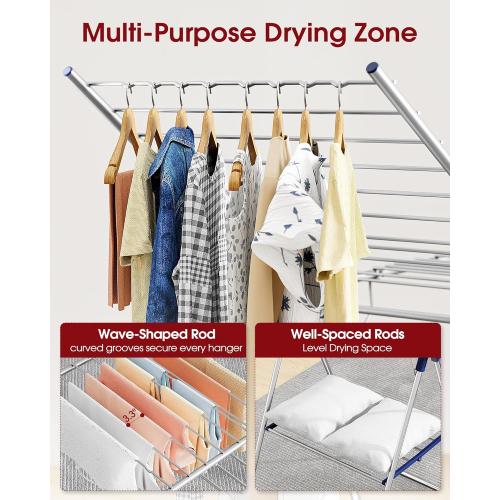 Sakugi Clothes Drying Rack with Height-Adjustable Wings, Metal Foldable Laundry Dryer Stand for Clothing & Bedding, Free-Standing Collapsible for Indoor & Outdoor Use, 55.5 L × 22.8 W, Silver Blue