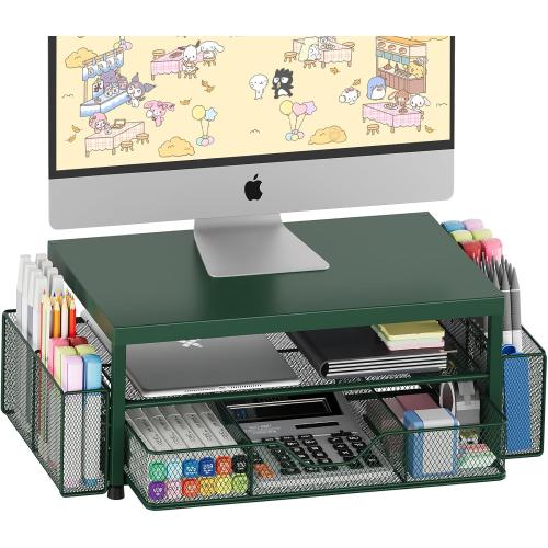 OPNICE Desk Organizers and Accessories, 2-Tier Computer Monitor Stand Riser with Drawer and 2 Pen Holders, Laptop Stand, Office Desk Accessories for Office Supplies, Dark Green