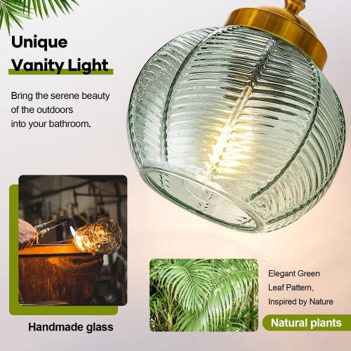 Bathroom Light Fixtures, 3-Light Green Vanity Lights with Unique Leaf Texture Glass Shade, Modern Matte Black and Gold Bathroom Wall Lamp for Mirror Hallway Cabinet Living Room