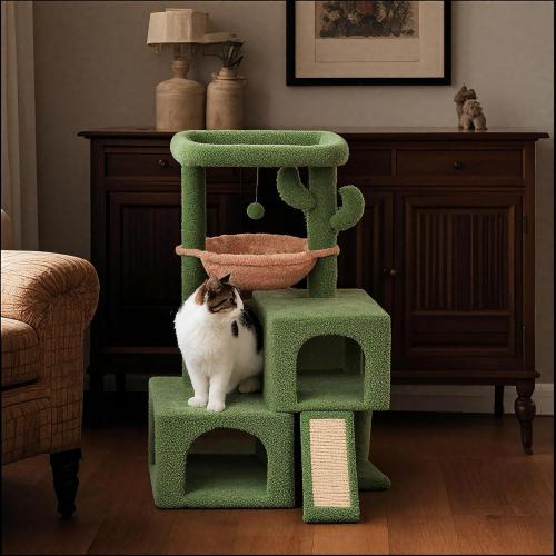 37.4 Cactus Cat Tree Tower with Twin Cat Condos for Indoor Cats, All-in-One Activity Center with Cat Scratching Post Cozy Sleeping Perch Hammock and Toy Balls,Green …