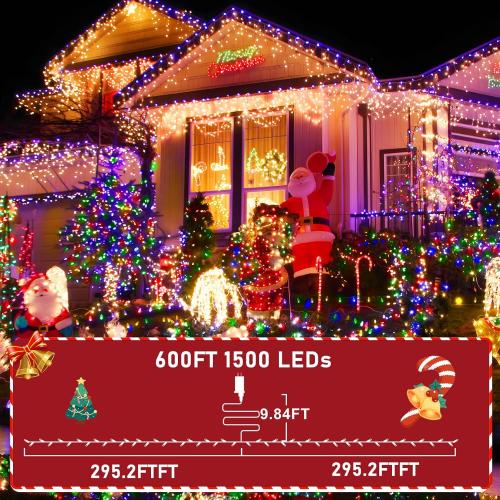 KNONEW 600ft 1500 LED String Lights Outdoor Christmas Lights 8 Modes & Timer Fairy Light Plug in Waterproof LED String Lights for Xmas Yard Tree Wedding Party Holiday Decorations (Multicolor)