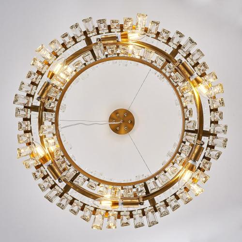 Round Crystal Chandeliers, D23.6 inch 12-Light Brass Gold Chandelier Lighting Fixture, Height Adjustable Pendant Ceiling Light for Living Room Dining Room Bedroom