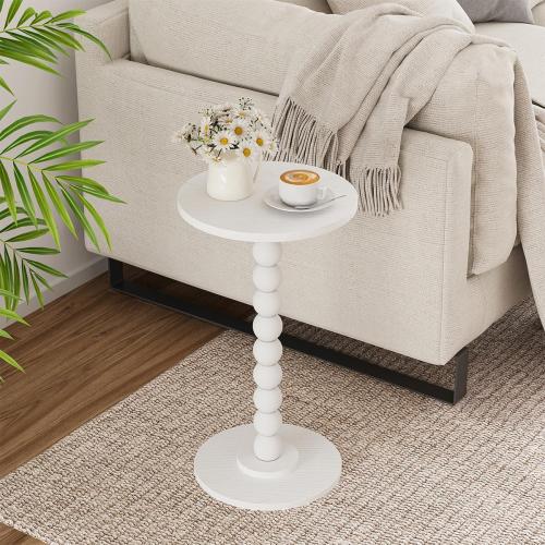 Small Round Side Table, Drink Table for Small Spaces, Pedestal End Table for Living Room, Modern Accent Nightstand with Solid Wood Leg for Bedroom, Corners and Office White Color UTBT005W