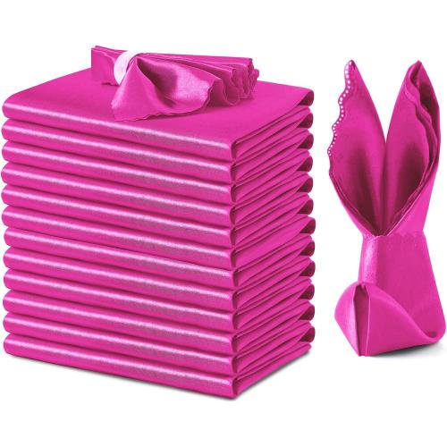 Pink 20x20 VACVELT 12 Pack Hot Pink Satin Napkins 20x20 Inch for Wedding, Elegant Dinner, Square Table Decor, Restaurant, Banquet, Graduation Party - Scalloped Silky Cloth