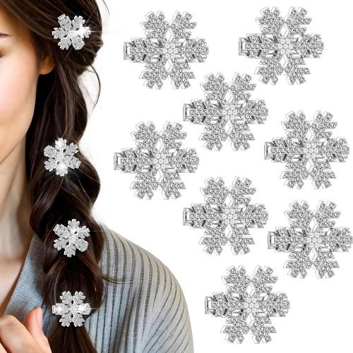 TIESOME Sparkly Rhinestone Snowflake Hair Clip, 8 PCS Silver Christmas Mini Pearl Hairpins Cute Metal Alligator Clips Elegant Shinny Hair Accessories for Women Princess Long Thick Hair