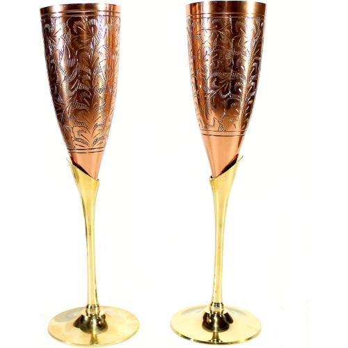StonKraft Engraved Brass Goblets Champagne Glasses Flutes Coupes Wine Glass Set (Slender Copper)
