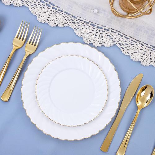 U-QE 100 Pieces Gold Plastic Plates - Premium White Plastic Plates for Party, Wedding and Daily Use Including 50PCS 9 '' Plastic Dinner Plates & 50PCS 6.5 '' Plastic Dessert Plates