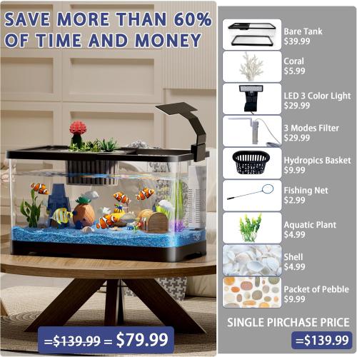 5.3 Gallon Fish Tank, 9 in 1 Betta Fish Tank, Aquarium with LED Full Spectrum 3 Color Light, 3 Modes Filter, Hydroponic Basket, Fishing Net, Shells, Aquatic Plant, Pebbles, Coral, Starter Kit (Black)