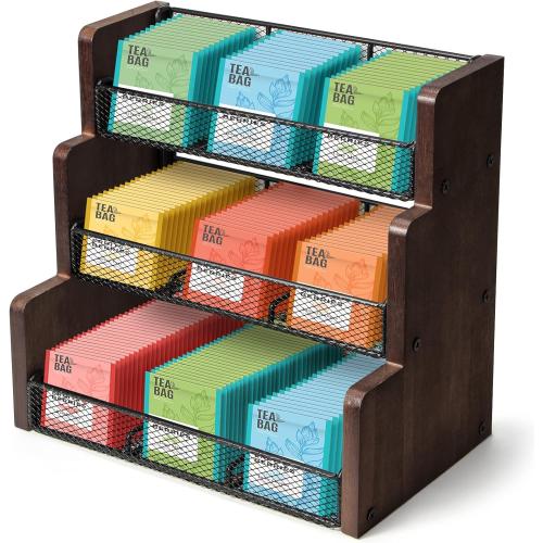 TJ.MOREE Tea Bag Organizer 3 Tier Tea Storage, Solid Wood Tea Storage Chests for Kitchen, Office, Countertop, Cabinet Pantry, Tea Bag, Coffee, Sugar Packets, Creamers Holder