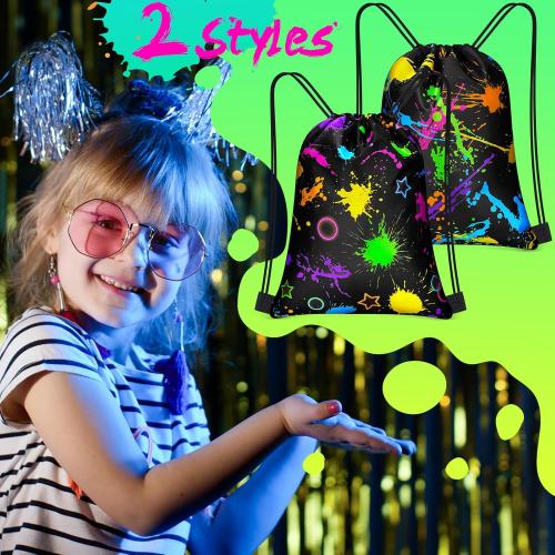 Yiyiring 16 Pcs Glow in the Dark Gift Bags Neon Treat Drawstring Bags for Glow Party Supplies Birthday Travel Camping Decor(Neon Party)