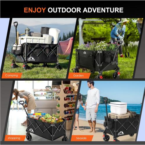 Heimuee...220Lbs... Wagon Cart Foldable, Heavy Duty Collapsible Utility Wagon with 220lbs Capacity, All-Terrain Beach Wheels, Portable Garden Cart for Camping, Sports, Outdoor, Shopping, Black