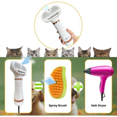 300W Quiet Pet Blow Dryer - Pet Hair Dryer for Small & Medium Dogs and Cats with Removal Comb & Silicone Bath Massage Brush for Home Grooming -Mist/Spray/Steam Brush for Cat & Dog