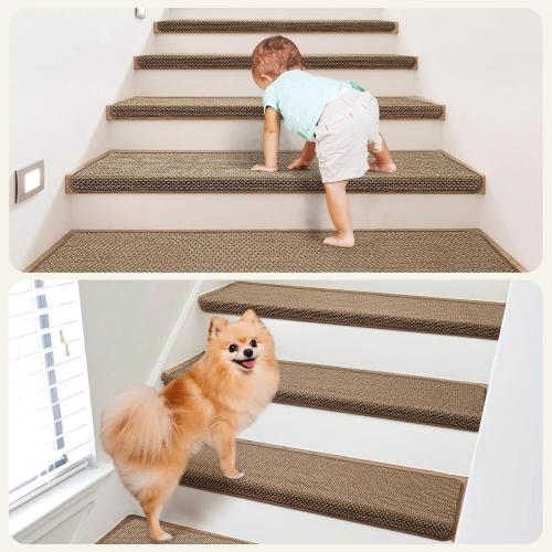 Bullnose Carpet Stair Treads Non Slip for Wooden Steps Indoor, 9.5 x 35 14 Pieces, Extra Wide Bull Nose Carpet Runners for Wood Stairs, Step Covers, Stair Tread Rugs, Washable, Brown