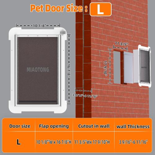 MIAOTONG 3-Flap Dog Door for Wall, Energy-Efficient Insulated Pet Door for Wall, Aluminum Lock Doggy Door for Wall,Steel Frame and Telescoping Tunnel Dog Doors(Pets Up to 100 Lb) -Large
