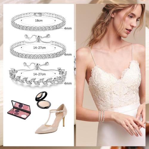 YADOCA Tennis Bracelets For Women - Silver Plated Bracelet Stack Cubic Zirconia CZ Diamond Adjustable Stackable Bracelets Set For Prom Wedding Jewelry Gift 3Pcs
