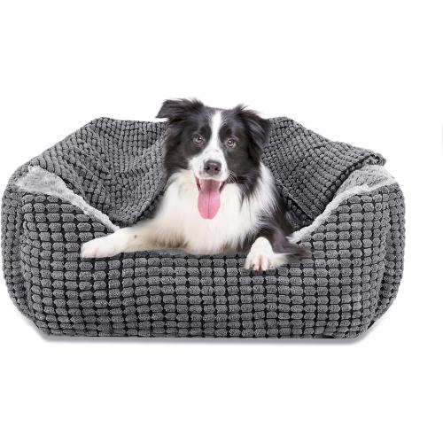 GASUR Dog Beds for Large Medium Small Dogs, Rectangle Cave Hooded Blanket Puppy Bed, Luxury Anti-Anxiety Orthopedic Cat Beds for Indoor Cats, Warmth and Machine Washable (25 inches, Grey)