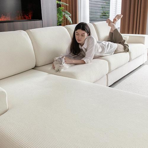 Sectional Couch Covers, Wear Resistant Stretch Sofa Covers Washable Soft Couch Cushion Covers Anti Slip Furniture Protector Sofa Slipcovers for Pets (3 Pieces 3 Seaters Cover, Ivory)