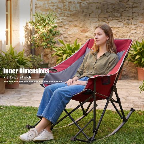 SUNNYFEEL Oversized Folding Rocking Camping Chair Fully Padded Patio Chair Red Portable Outdoor Rocker High Back Portable Lawn Recliner with Side Pocket Camp Rocker Chairs Heavy Duty 500 LBS