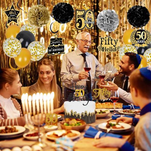 50th Birthday Decorations for Men Women, 46 Pcs Black Gold Happy 50 Year Old Party Supplies 1975 Birthday Gifts Banner Backdrop Balloon Cake Topper Honeycomb Centerpiece Hanging Swirls Set