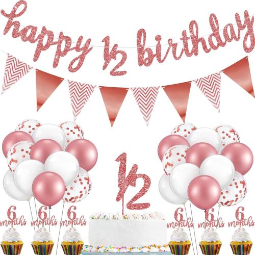Skylety 1/2 Half Birthday Decorations 6 Months Outfit Baby Boy Banner Cupcake Topper Triangle Flag Banner Confetti Balloons Cake Topper for Girl Boy Baby Shower(Rose Gold)