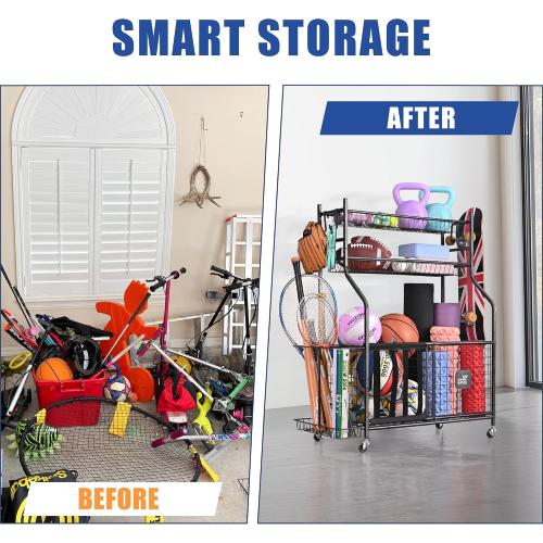 Mythinglogic Garage Sports Equipment Organizer, Baseball Storage Large Capacity, Sports Organizer for Garage with Hooks and Baskets, Ball Storage Rack for Football, Soccer Ball, Bat, Toys