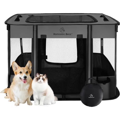 ROMANTIC BEAR Dog Playpen,Foldable Pet Puppy Cat Playpen,M(32x24x22) | Dog Crate with Upgrade Breathable Mesh and Durable 600D Oxford Cloth,Sturdy Dog Cage Indoor & Outdoor for Small Animals,Grey