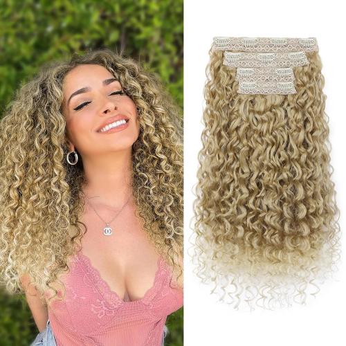 Clip in Hair Extensions, FLUFYMOOZ 4PC 100％ Pure Protein Silk Hair Extensions Long Soft Natural Hairpiece 20 Inch Curly Hair Extension for Women (Medium Blonde to Light Blonde)