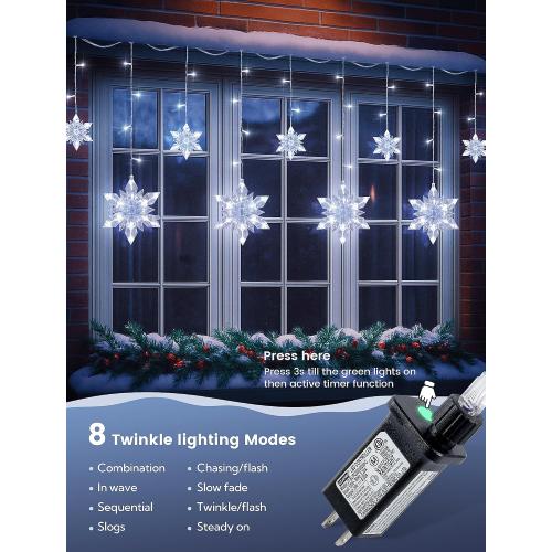Snowflake Icicle Lights,8.2ft 144LED Curtain Fairy Light with 12 Drops,Connectable 8 Mode Timer Snowflake Christmas Lights Plug in for Bedroom,Window,Wedding,Indoor Outdoor Xmas Decor,White