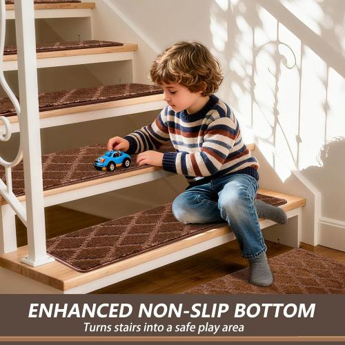 9.5x36 Stair Treads for Wooden Steps Indoor, 15 Pcs Non Slip Peel and Stick Carpet Stair Treads, Washable & Reusable Self Adhesive Stair Runner Rug for Kids Elders Pets - Brown